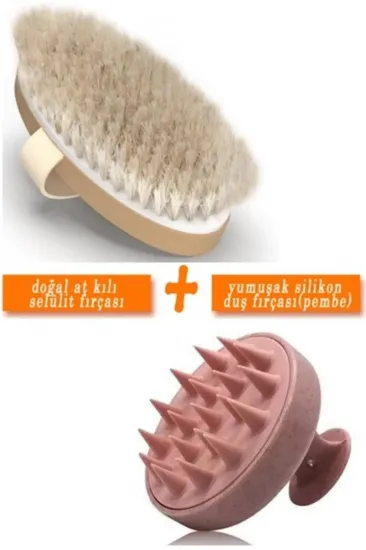 Egonex 2li Set - %100 Doğal At Kılı Selülit Fırçası + Yumuşak Silikon Saç Derisi Masaj Şampuan Duş Fırçası