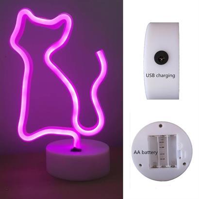 BUFFER® Pembe Kedi Neon Led Işıklı Usb Girişli Pilli Masa ve Gece Lambası