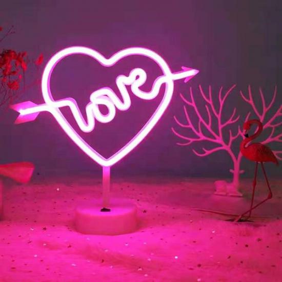 BUFFER® Kalpli Love Yazılı Dekoratif Neon Pilli Led Masa ve Gece Lambası