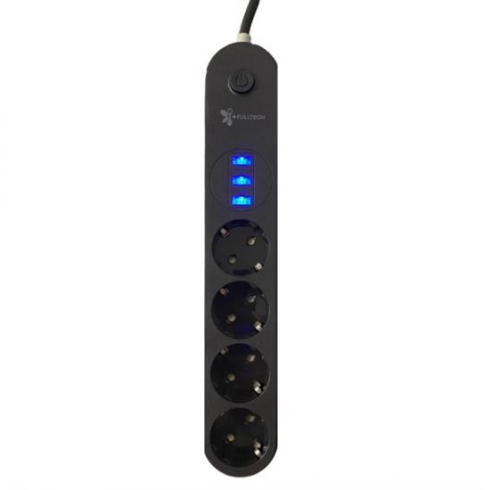 BUFFER® 4lü Siyah Anahtarlı 3 USB Li Akım Korumalı Topraklı Çocuk Korumalı Grup Priz 2 Metre